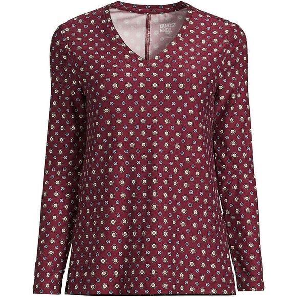 Lands End Burgundy Encircle Geometric Long Sleeve Performance V-Neck Top - Picture 3 of 5